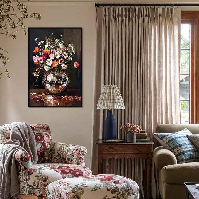 Colorful Moody Florals Disco Ball Canvas Wall Art, Maximalist Funky Wildflowers Bouquet Disco Ball Poster, Retro Cottagecore Flower Prints Paiting, Vintage Eclectic Wall Decor 24X36in Black Framed