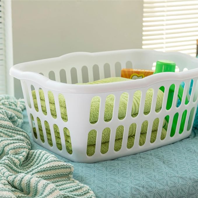 Sterilite 12-Pack Rectangular Laundry Basket, Plastic Clothes Hamper, 1.5 Bushel, White - Dirty Clothing Storage Organizer with Handles for Bedroom, Bathroom, and Closet
