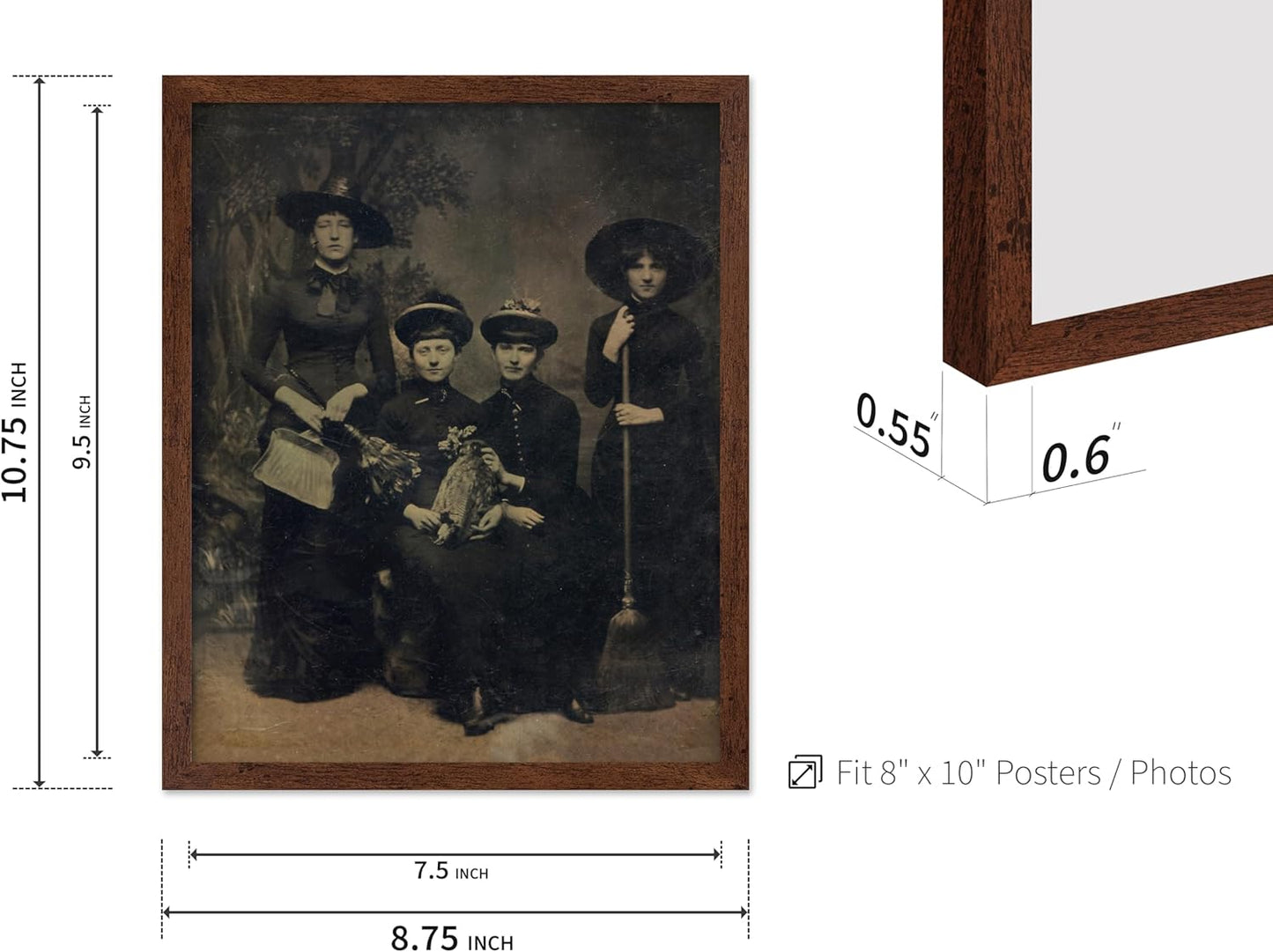 Poster Master Vintage Photograph Poster - Retro Halloween Print - Gift for Artist, Friend - Four Witches Wearing Robes, Sabbath, Coven, Sorcery - Wall Decor for Home, Office, 8x10 Brown Framed