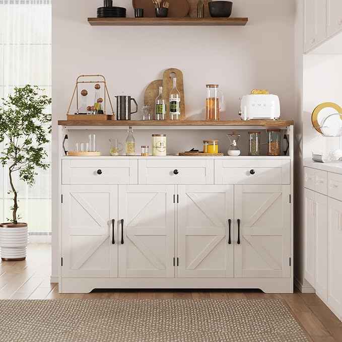 Farmhouse Buffet Cabinet with Drawers & Open Shelf, Sideboard Storage Cabinet, Kitchen Hutch Pantry, Wood Coffee Bar Station for Kitchen, Living Room, Hallway, 52" L White