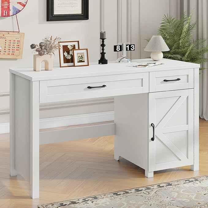 Vabches Farmhouse 47" Executive Desk, Computer Desk with Drawers and Storage Cabinet, Workstation Computer Desk for Home Office, Study.(Cream White)