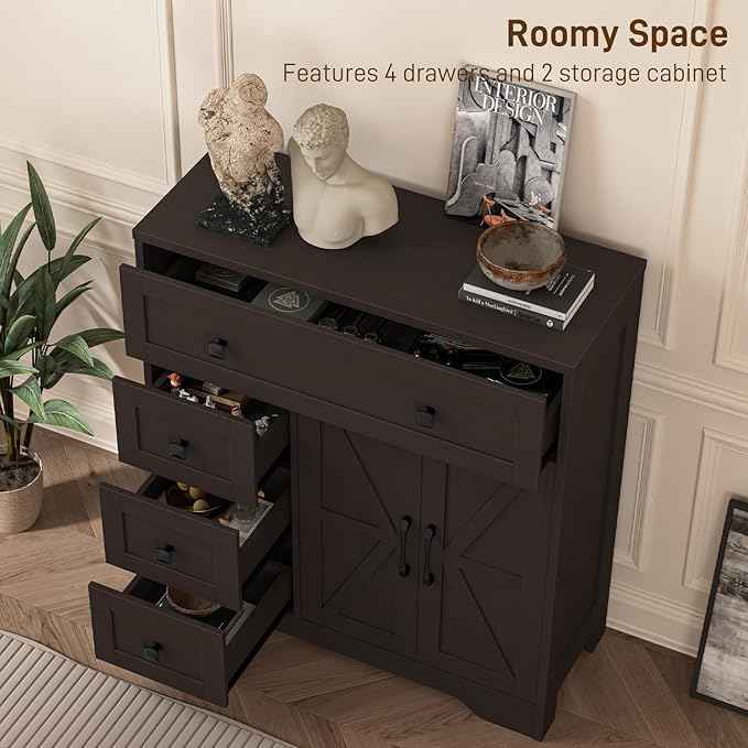 Vabches Farmhouse Storage Cabinet with 2 Doors and 4 Drawers, Freestanding Bathroom Storage Cabinet Kitchen Pantry, Floor Cupboard for Living Room/Bathroom/Kitchen,Espresso