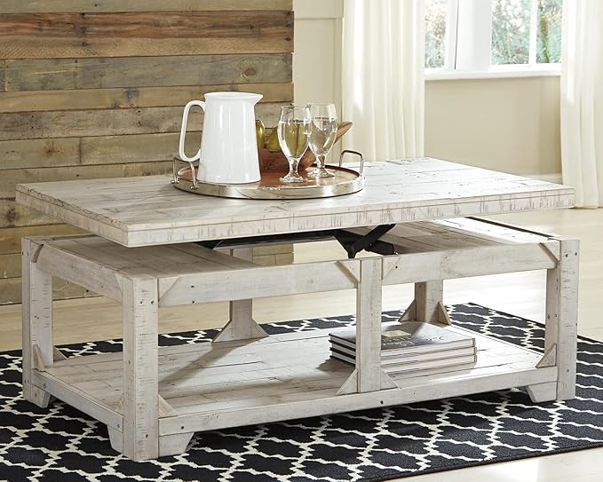 Signature Design by Ashley Fregine Farmhouse Rectangular Lift Top Coffee Table with Floor Shelf, Whitewash with Weathered Finish