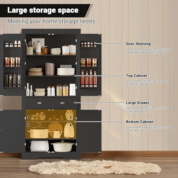 72" Tall Kitchen Pantry Cabinet with 6 Door Shelves, 2 Cabinets & 4 Adjustable Shelves, Freestanding Storage Cabinet for Kitchen, Living Room, Dining Room, Black