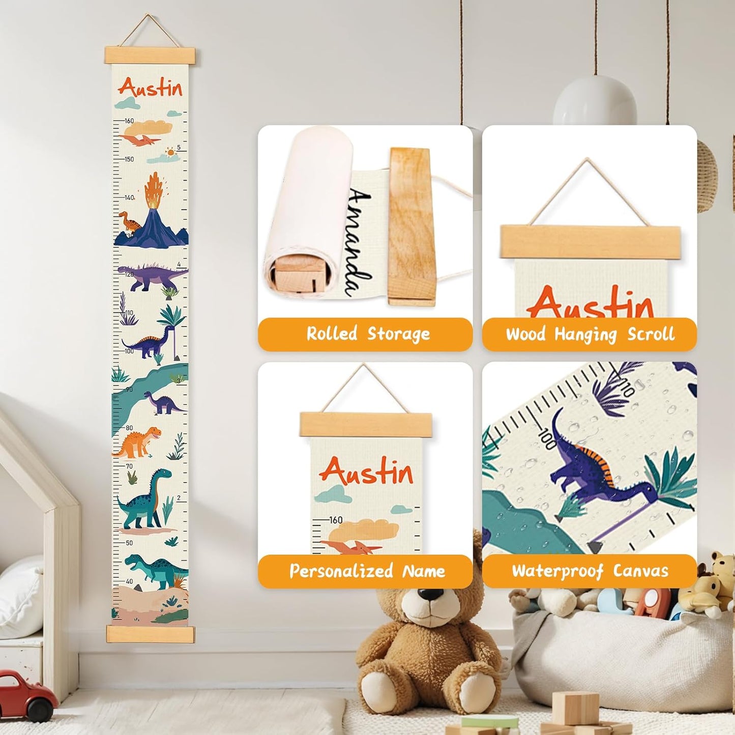 Personalized Name Growth Chart Wall Decor for Kids – Canvas Removable Height Chart Measuring Ruler 59" x 7.9" (Dinosaurs)
