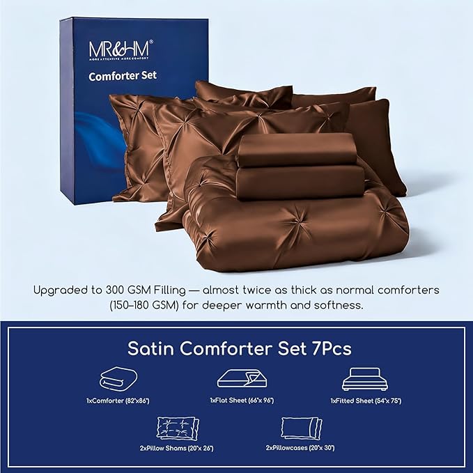 MR&HM Satin Comforter Full 7 Pieces - Luxurious Pinch Pleat Bedding Set with Comforter, Flat Sheet, Fitted Sheet, Pillowcases & Shams, Super Silky Soft Bed Set for All Season (Full, Brown)