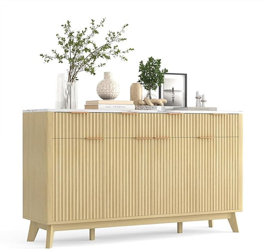 IDEALHOUSE 60" Large Farmhouse Sideboard Buffet Cabinet with Storage Drawers & Adjustable Shelves, Wood Fluted Buffet Storage Cabinet & Coffee Bar Console Table for Living Room & Kitchen Dining Room