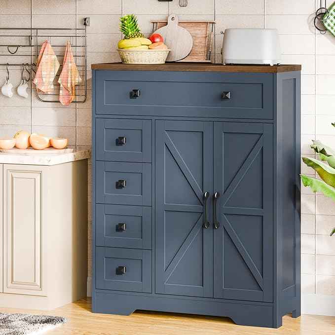Vabches Farmhouse Storage Cabinet with 2 Doors and 5 Drawers, Freestanding Bathroom Cabinets Kitchen Pantry, Floor Storage Cabinet Hutch Cupboard for Living Room/Bathroom/Kitchen.Blue