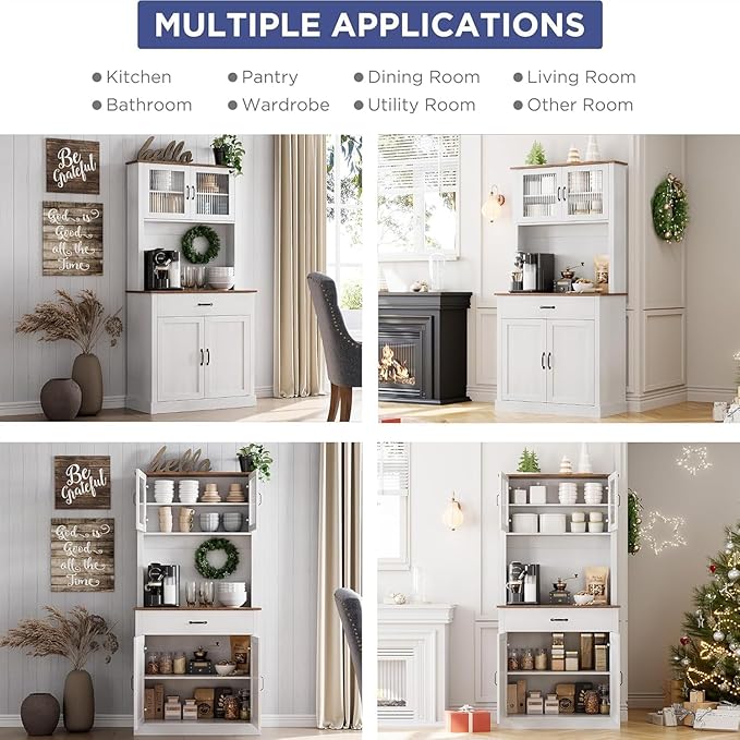 GarveeHome Kitchen Pantry Cabinet, 71 in Tall Kitchen Hutch Storage Pantry with Microwave Stand, Freestanding Buffet with Shelves and Glass Doors for Home Dining Room, White