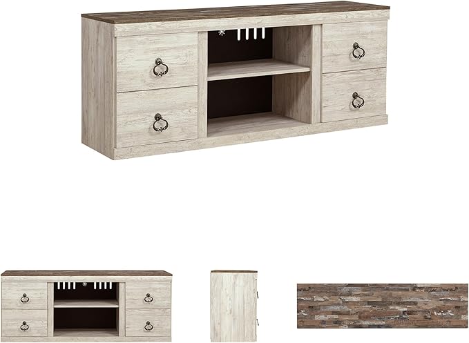 Signature Design by Ashley Willowton Shabby Chic Large TV Stand up to 60" with 3 Shelves and Fireplace Option, White