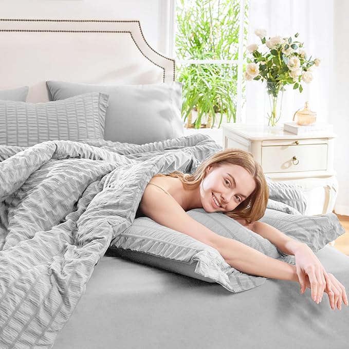 CozyLux King Size Comforter Set Light Grey Seersucker 7 Pieces Bed in a Bag King Comforter Set with Sheets, Luxury Bedding Set with Down Alternative Comforter, Sheets, Pillowcases & Shams All Seasons