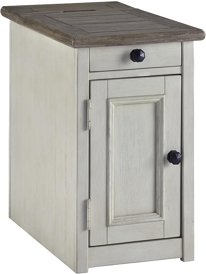 Signature Design by Ashley Bolanburg Farmhouse Chair Side End Table, 2 USB Ports, Pull-out Tray, Wood, 14" W x 24.25" D x 23" H, Antique Cream & Brown
