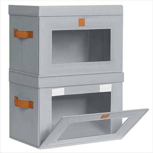 Small Fabric Storage bins - Collapsible Storage Bins with Open Window, 2 Pack Closet Baskets for Shelves, Stackable Decorative Boxes for Home, Dorm, Grey, 13.7"x 9.8" x 9.8"