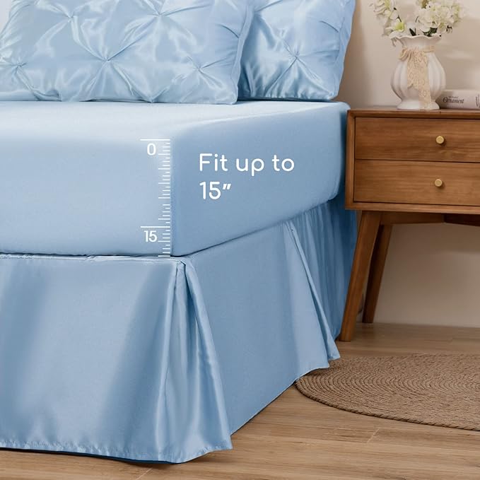MR&HM Satin Comforter King 7 Pieces - Luxurious Pinch Pleat Bedding Set with Comforter, Flat Sheet, Fitted Sheet, Pillowcases & Shams, Super Silky Soft Bed Set for All Season (King, Light Blue)