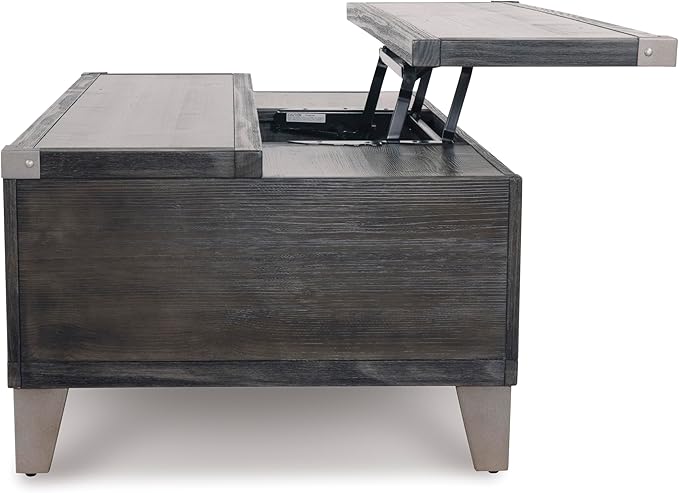 Signature Design by Ashley Todoe Industrial Spring-Lift Top Coffee Table, 2 Storage Drawers, Metal Legs, Wood, 54.38" W x 28.5" D x 18.25" H, Dark Gray & Weathered Pine Finish