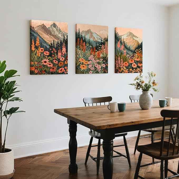 Cyebmo Framed Mountain Wildflower Wall Art Set of 3, Sunset Daisy Flower Wall Decor, Colorful Wildflower Canvas Painting, Nature Botanical Landscape Artwork for Bedroom Living Room 16x24 Inch