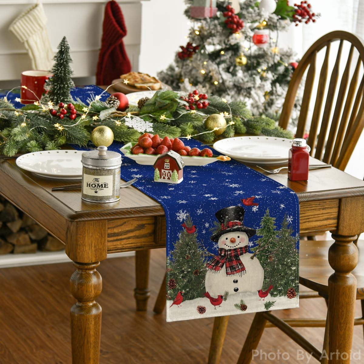 Artoid Mode Snowman Birds Trees Christmas Table Runner, Seasonal Blue Winter Holiday Kitchen Dining Table Decoration for Indoor Outdoor Home Party Decor 13 x 120 Inch