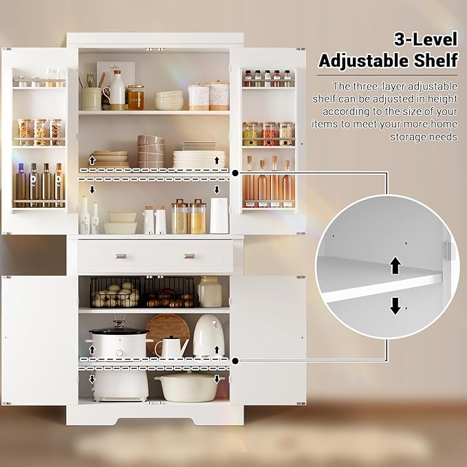 72" Tall Kitchen Pantry Cabinet with 6 Door Shelves, 2 Cabinets & 4 Adjustable Shelves, Freestanding Storage Cabinet for Kitchen, Living Room, Dining Room, White