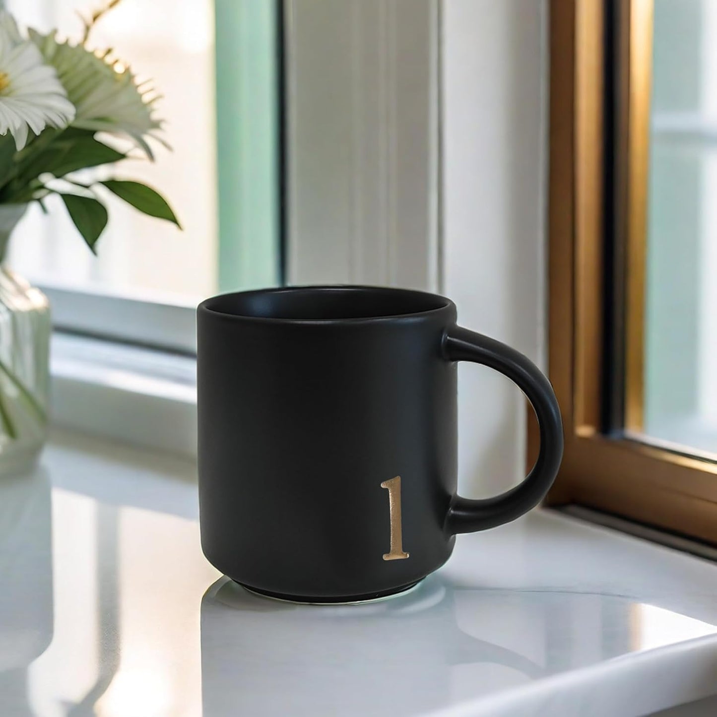 COLLECTIVE HOME - Black Monogram Ceramic Mugs, 15 oz Golden Initial Coffee Cups, Elegant Alphabet Tea Mugs, Personalized Halloween Mug with Gift Box, Perfect for Office and Home Décor (l)
