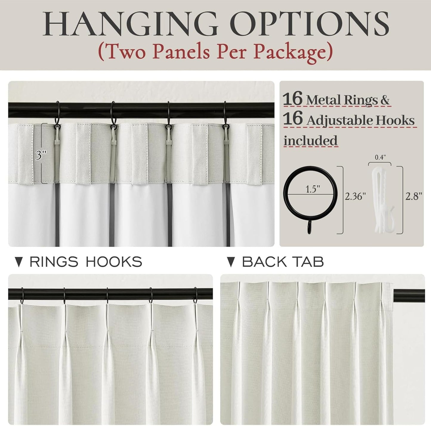 Linen Pinch Pleated Blackout Curtains Beige White Room Darkening Curtains 96 Inches Long, Neutral Modern Window Thermal Black Out Drapes for Sliding Glass Doors/Bedroom/Living Room(40" Wx96 Lx2Panels)