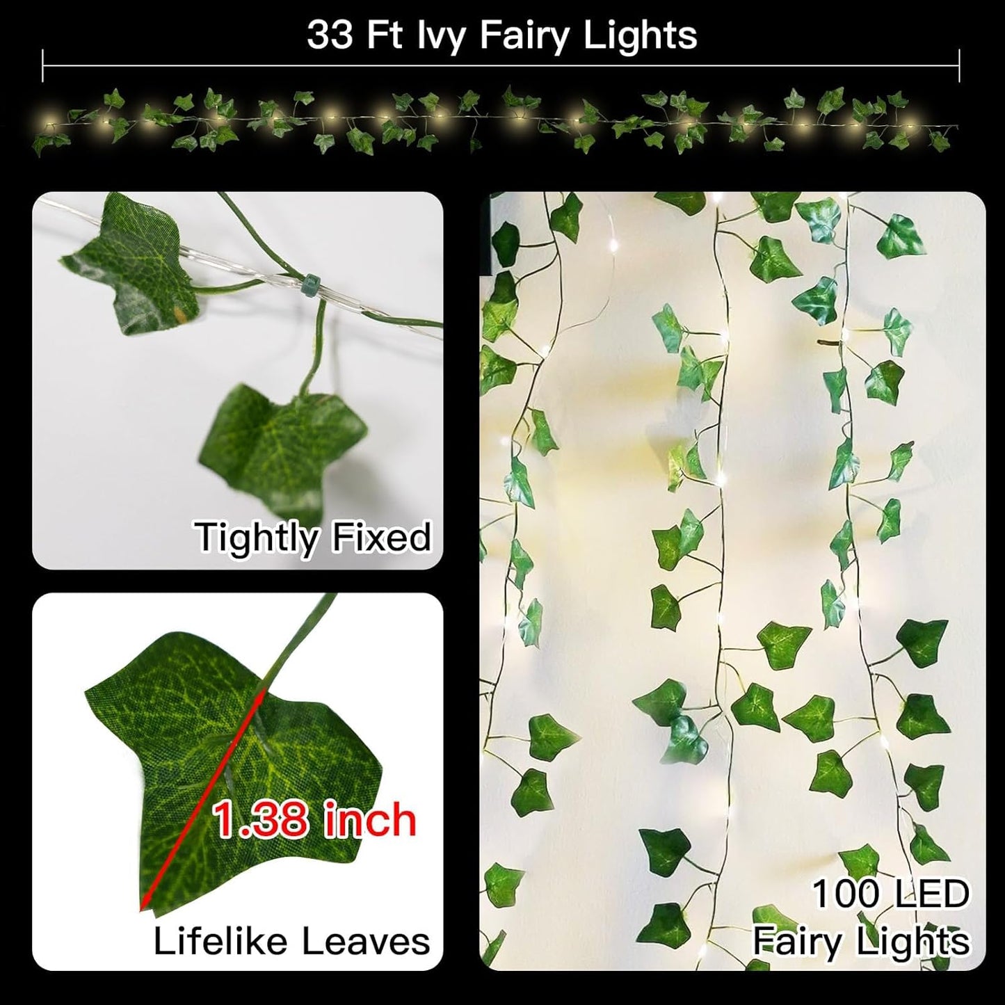 suddus Vine with Fairy Lights Battery Operated, 33ft 100 LED Ivy String Lights with Remote, Leaf Lights for Bedroom, Room, Wall, Garden, Party, Wedding Decor (Warm White)