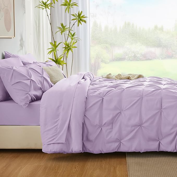 CozyLux King Size Comforter Set Lavender, 7 Pieces Bed in A Bag Light Purple Comforter King Size, Pinch Pleat Bedding Set with All Season Comforter, Sheets, Pillowcases & Shams