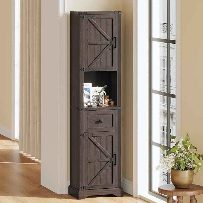 66" Tall Farmhouse Bathroom Storage Cabinet with Barn Doors and Drawer, Narrow Storage Unit, Adjustable Shelves & 5-Tier Space, Freestanding Cabinet for Bathroom, Entryway, Kitchen, Espresso