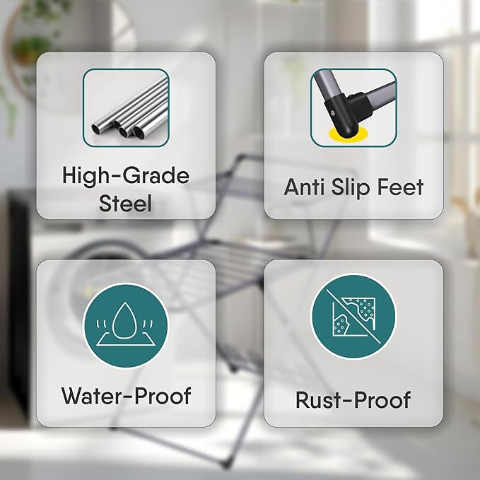 XABITAT Clothes Drying Rack with Shoe Dryer, No Assembly, Metal Construction, Non-Slip Feet, 2 Level with Hooks, Hidden Wheels, Foldable, Portable, Ideal for Laundry Room, Indoor & Outdoor