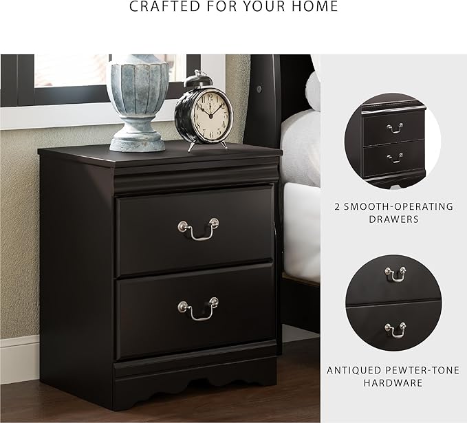 Signature Design by Ashley Huey Vineyard Traditional 2 Drawer Nightstand, Louis Phillippe Styling, Pewter Colored Handles, Shapely Mouldings, Smooth Operating Drawers, 24.45" Tall, Black