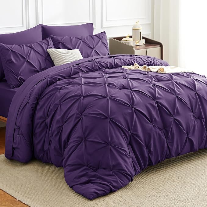 CozyLux King Size Comforter Set Purple, 7 Pieces Pintuck Bed in A Bag Purple Comforter King Size, Pinch Pleat Bedding Set with All Season Comforter, Sheets, Pillowcases & Shams