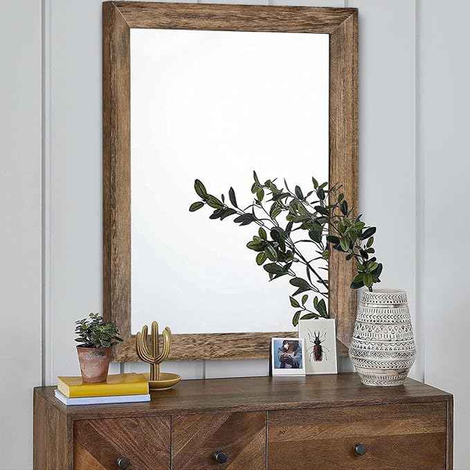 AAZZKANG Rustic Wood Mirror Rectangle Decorative Wall Mirrors with Frame Large 28"x20"for Bedroom Living Room Bathroom Entryway Hanging Brown