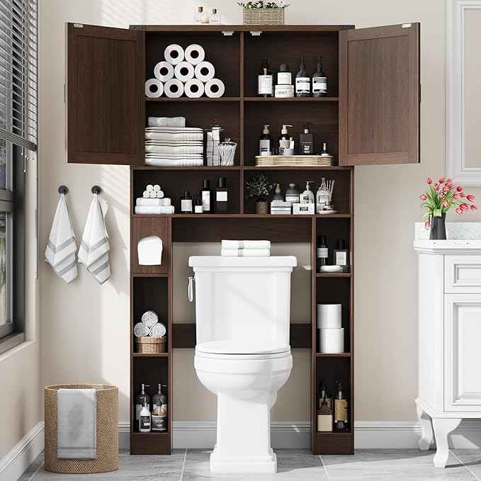 Vabches Over The Toilet Storage Cabinet, Farmhouse Storage Cabinet Over Toilet with 2 Barn Doors ，Toilet Paper Holder Stand，Home Space-Saving Toilet Rack, for Laundry, Restroom, Bathroom.Espresso.