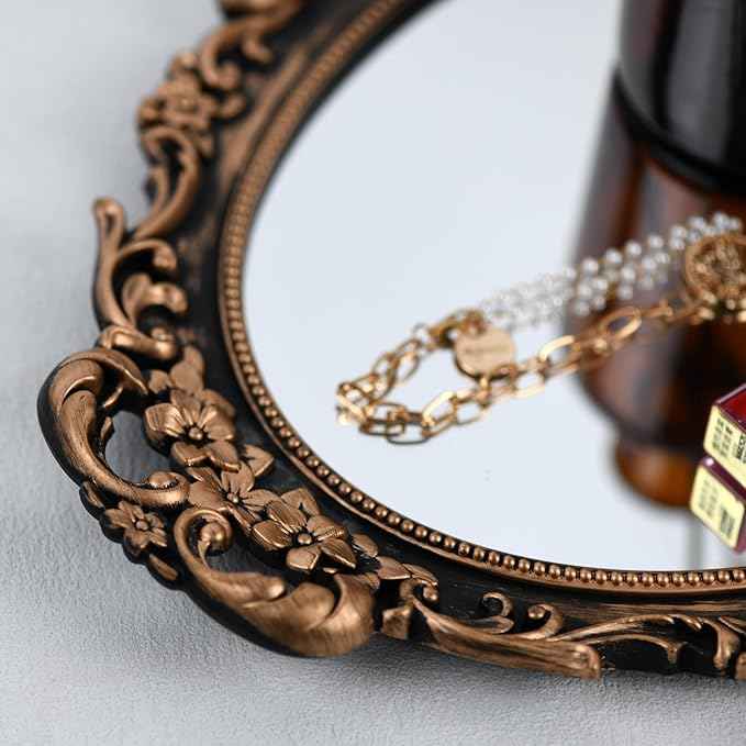 Vintage Decorative Gold Framed Mirror, Wall Hanging Mirrors & Tabletop Tray for Bedroom Living Room Dresser Decor, Oval- 9.6" W x 14.3" L (Bronze)