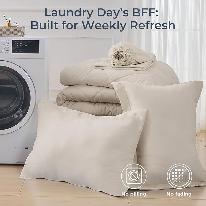 HEVUMYI Beige Tan Twin Comforter Set - 5-Piece All Season Bed in a Bag Twin, Ultra Soft Bedding Set with Comforter, Flat Sheet, Fitted Sheet, Pillowcases, Pillow Shams, Beige Tan