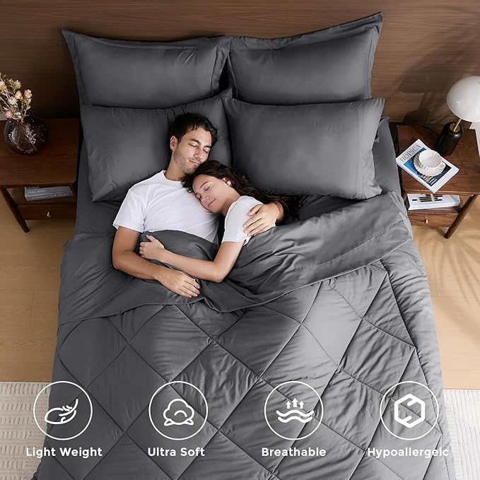 HEVUMYI Oversized Queen Comforter Set Dark Grey - 7-Piece All Season Bed in a Bag Oversized Queen, Soft Bedding Set with Comforter, Flat Sheet, Deep Pocket Fitted Sheet, Pillowcases, Pillow Shams