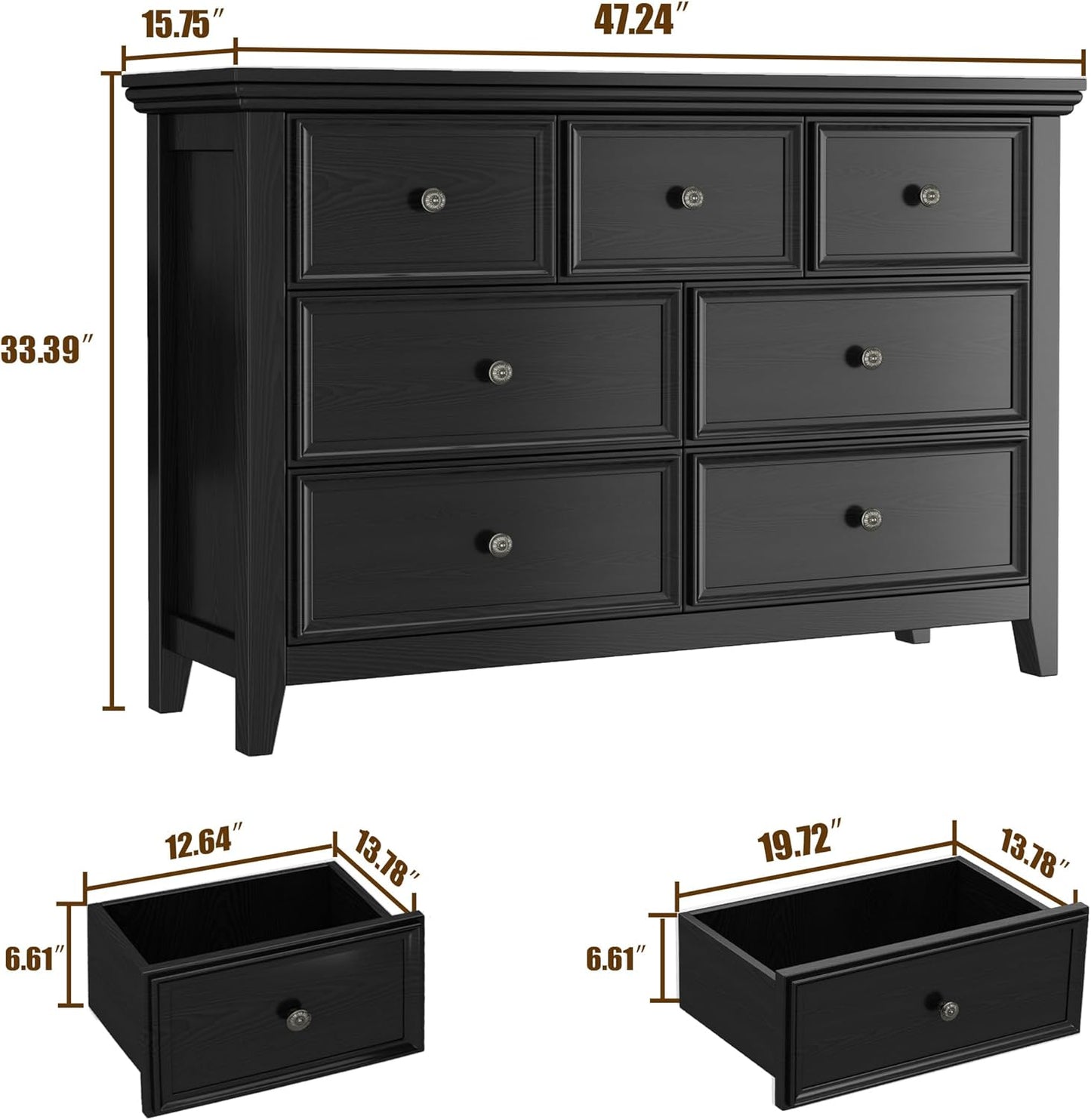 BLANKSPACE Black Dresser, Modern Dresser for Bedroom, 7 Chest Drawer Nightstand, Large Capacity Wood Cabinet for Bedroom, Living Room, Closets