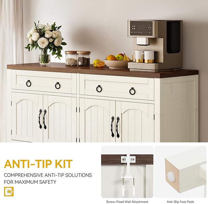 DWVO 47.2" Buffet Sideboard Cabinet with Storage, Farmhouse Coffee Bar Cabinet w/2 Drawers, Wood 4-Doors Console Table with Adjustable Shelves for Kitchen, Dining Room, Living Room, Entryway (White)
