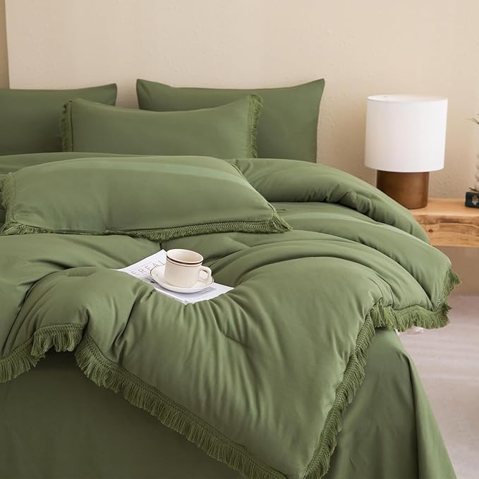 Andency Oversized King Comforter Set with Sheets 128x120 Olive Green - 7 Pieces Bed in a Bag Boho Soft Lightweight Bedding Sets, Tassel Bed Set with Comforter, Sheets, Pillowcases & Shams