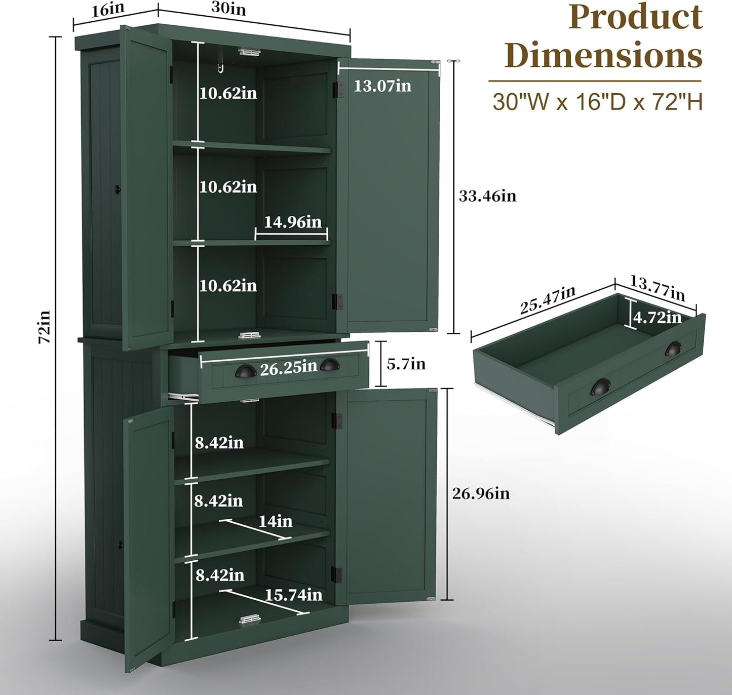 ARTPOWER 72" Tall Kitchen Pantry Storage Cabinet with Drawer and Adjustable Shelves, Pantry Cabinet for Kitchen, Bathroom or Hallway, Green - Décor Diaries