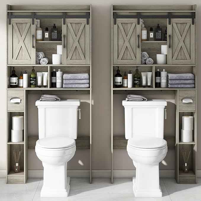 Vabches Over The Toilet Storage Cabinet, Farmhouse Storage Cabinet Over Toilet with Sliding Door& Toilet Paper Holder Stand，Home Space-Saving Toilet Rack, for Bathroom, Restroom, Laundry