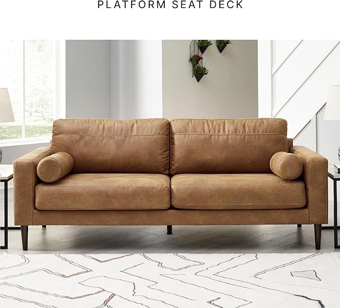 Signature Design by Ashley Telora Faux Leather Sofa, 2 Bolster Pillows, Loose Cushions, Faux Wood Finish Accent Legs, 85" W x 35" D x 35" H, Dark Brown