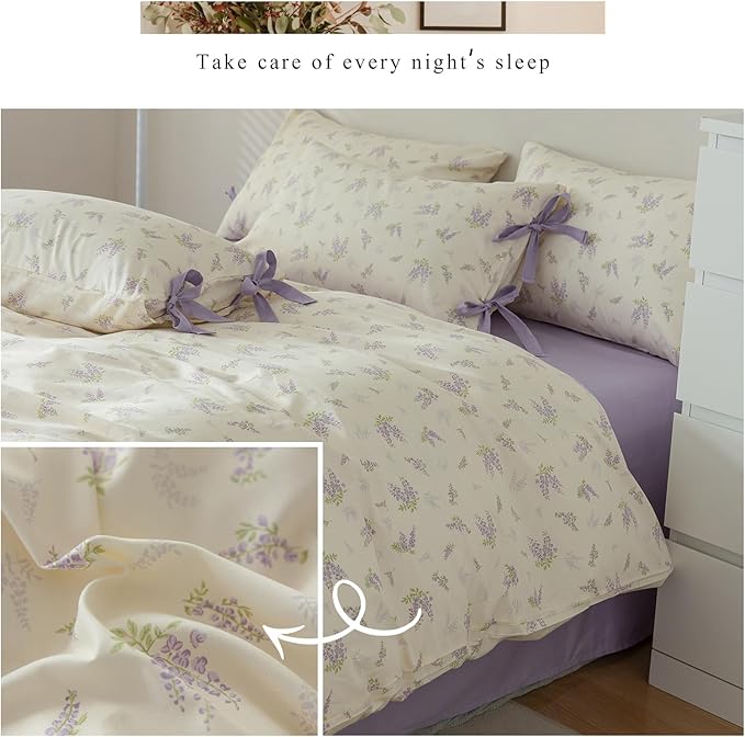 LifeTB Lilac Comforter Set Twin XL Girls Purple Flower Bedding Comforter Vintage Garden Floral Comforter Set Fluffy Soft Botanical Comforter with 2 Bow Ties Pillowcases for Girls Women Twin XL Size