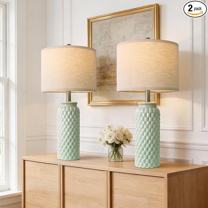 24" Modern Ceramic Green Bedside Lamp Set of 2 Table Lamp for Bedroom Decor Farmhouse Table Lamp for Living Room Office Dorm