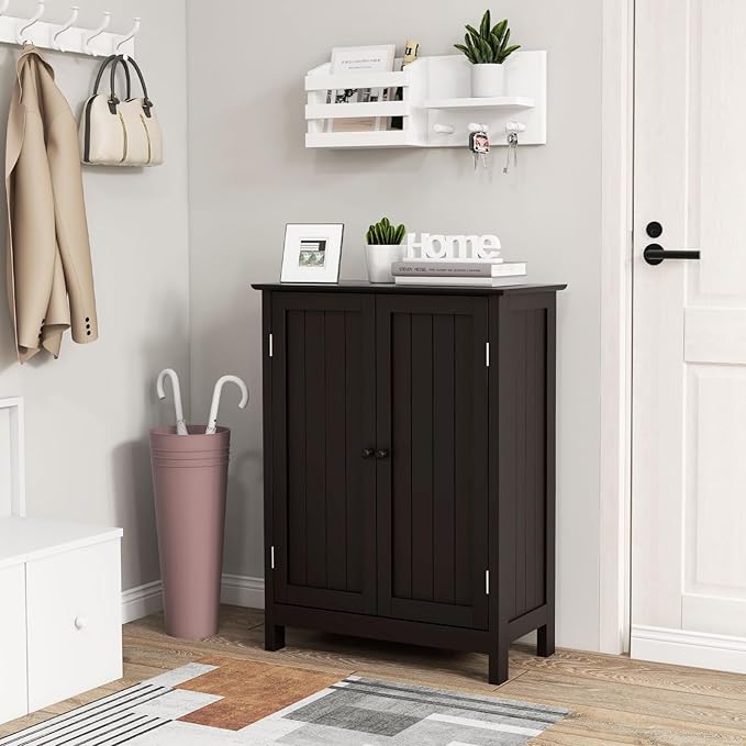 COSTWAY Bathroom Storage Cabinet, Freestanding Bathroom Organizers and Storage with Doors & Adjustable Shelf, Wooden Floor Cabinet for Home, Living Room, Entryway, Kitchen (Brown)
