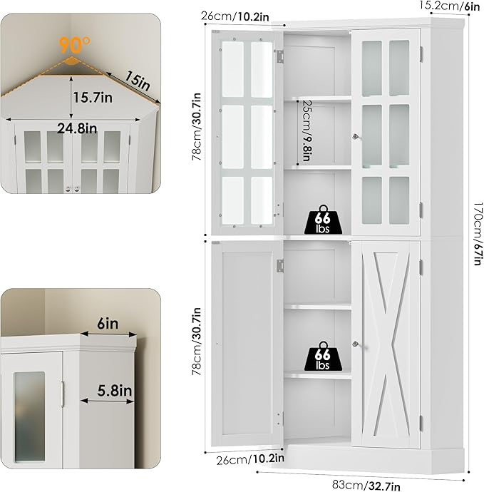 67" Corner Cabinet, Corner Kitchen Pantry with Doors, Farmhouse Kitchen Cabinet with 6 Storage Shelves, Space Saver for Bathroom, Living Dining Room, White