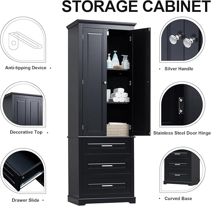 70" Tall Storage Cabinet Kitchen Pantry Cupboard with Two Doors and Three Drawers, Freestanding Shelf Organizers Unit for Home, Bathroom and Living Room, White