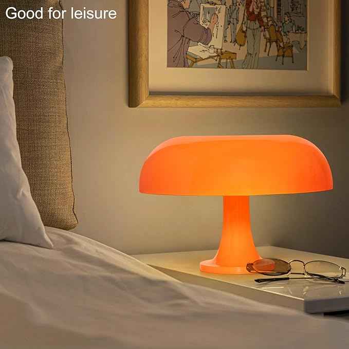 Orange Mushroom Lamp, Mid Century Modern Table Lamp for Bedroom, Aesthetic Mushroom Decor Bedside Small Lamps, 2700K(Bulb Replaceable, Bulb Included, Plug Powered)