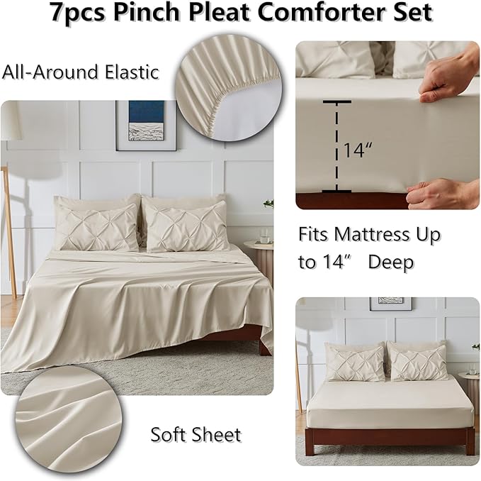 CozyLux Queen Comforter Set Oatmeal, 7 Pieces Pintuck Bed in A Bag, Premium Oatmeal Comforter Queen Size, Pinch Pleat Bedding Sets with Comforter, Sheets, Pillowcases & Shams