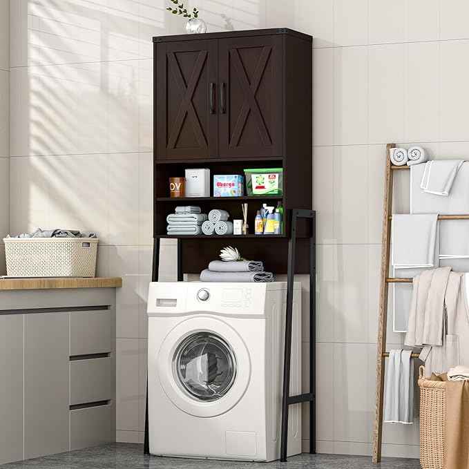 Vabches Over The Toilet Storage Cabinet, Farmhouse Over Toilet Storage Cabinet, Metal Frame with Barn Doors, Home Space-Saving Toilet Rack for Bathroom, Toilet, Laundry Room
