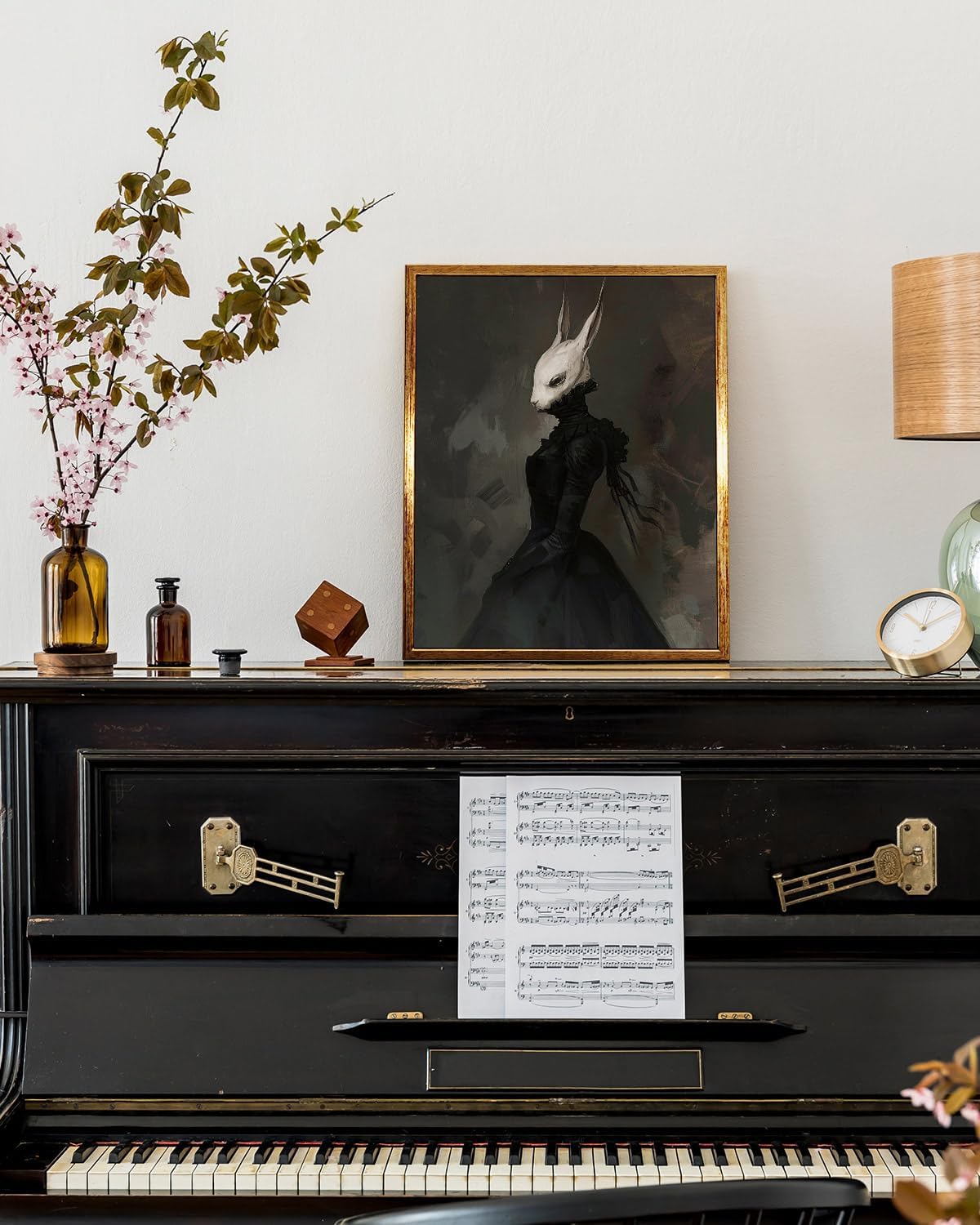 VIYYIEA Framed Canvas Wall Art Home Decor Gothic Room Decor Prints, Vintage Rabbit Lady Wall Decor, Aesthetic Dark Academia Halloween Wall Pictures Gold Framed Goth Artwork 9x11in